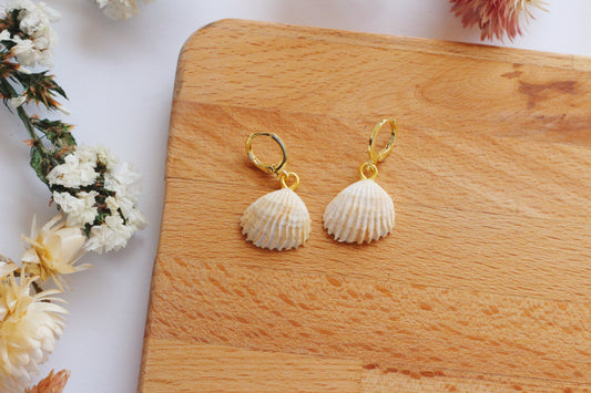 Shell-shaped earrings on a wooden board with flowers in the background
