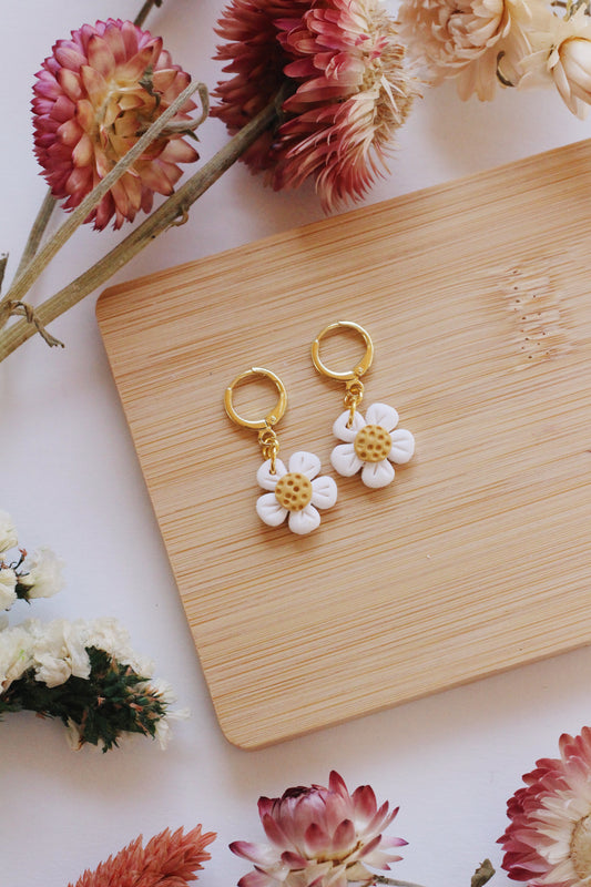 Flower-shaped earrings on a wooden board with floral decorations.